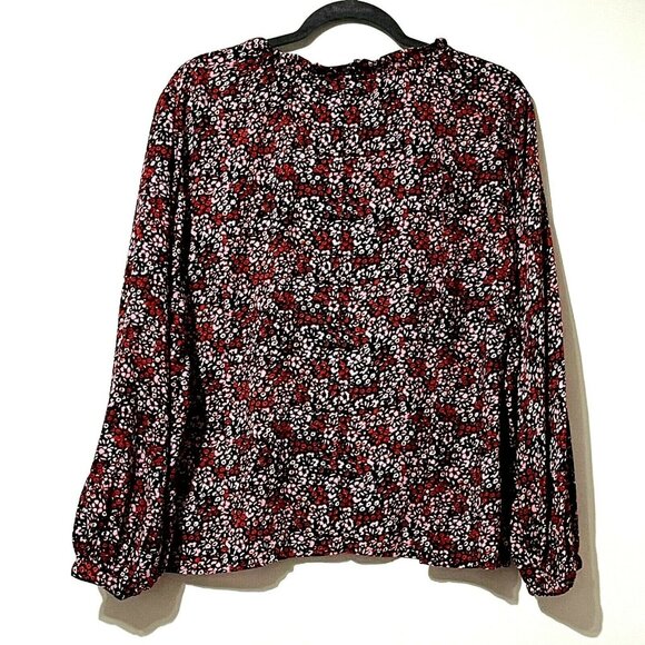 Abound women’s size M navy floral long sleeve split neck ruffled collar top - Picture 3 of 7